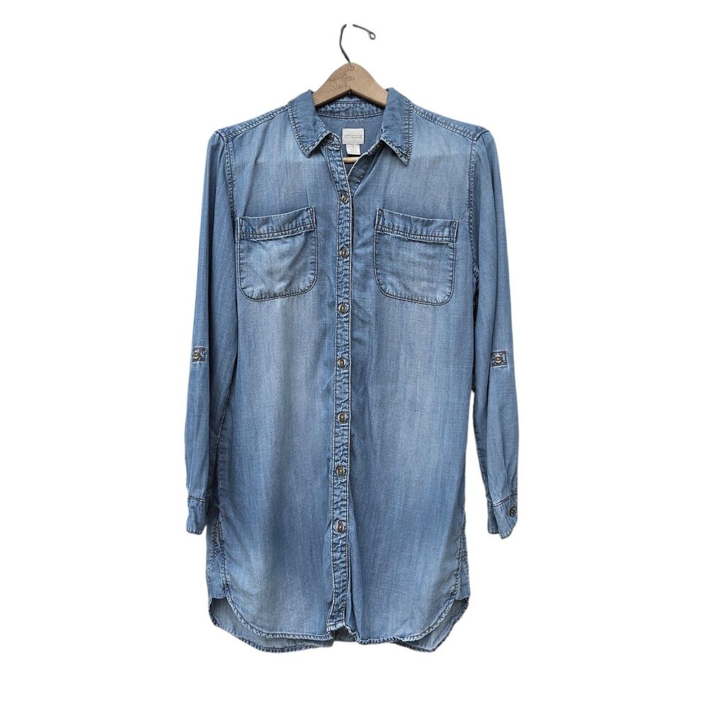Chico's Lyocell Chambray Denim Blue Button Down Shirt Dress Size 1 Med Tunic